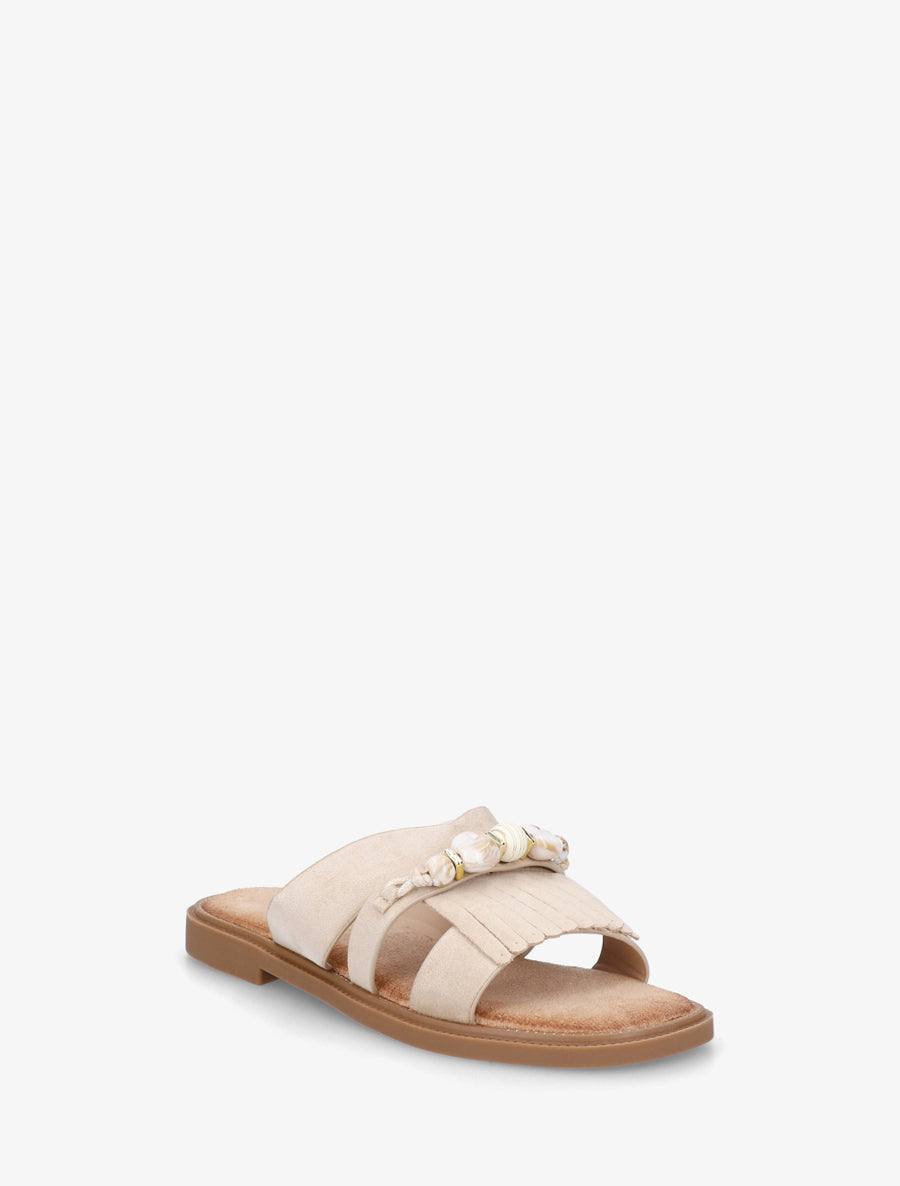Mules en suédine à franges et perles - Beige - 2