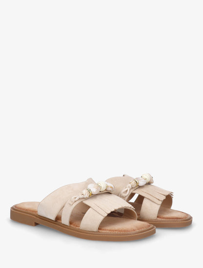 Mules en suédine à franges et perles - Beige - 4