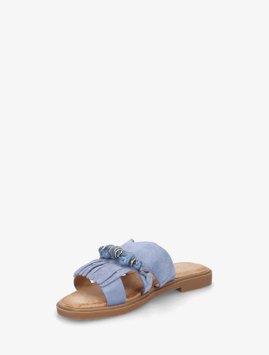 Mules en suédine à franges et perles - Bleu - 3