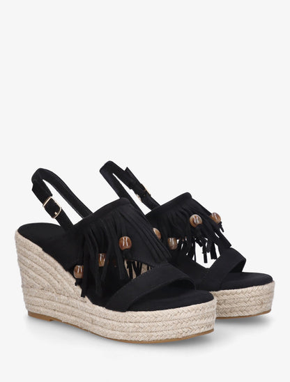 Sandales compensées à franges en suédine - Noir - 4