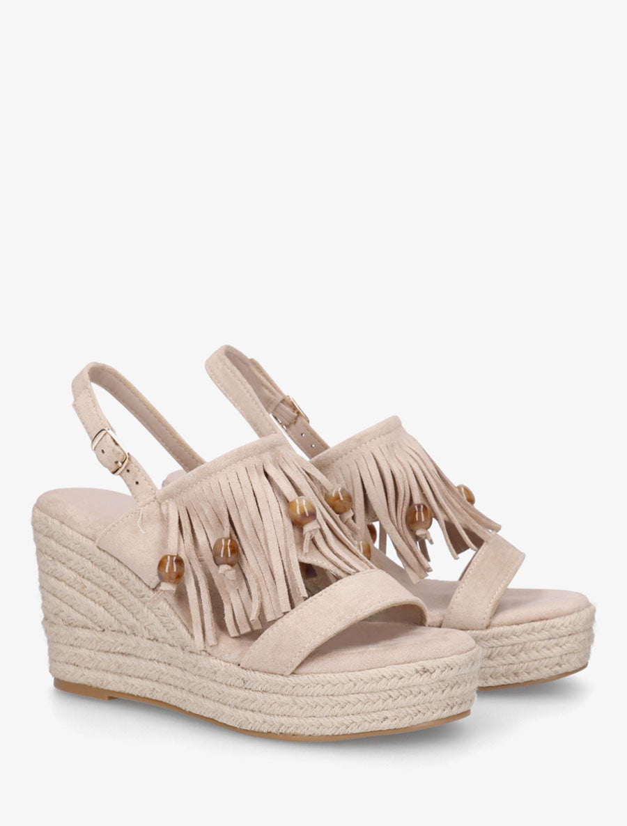 Sandales compensées à franges en suédine - Beige - 4