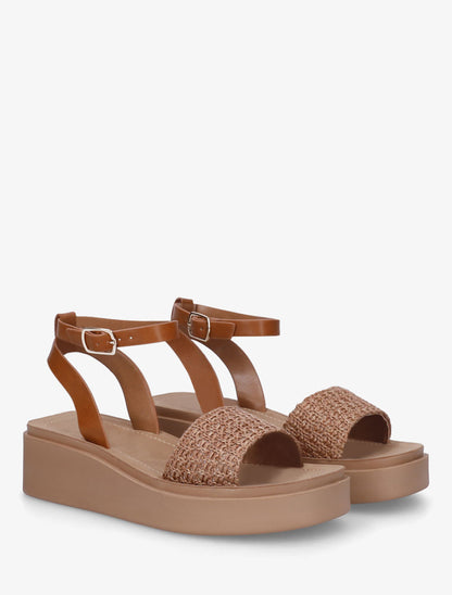 Sandales semi-compensées en raphia tressé - Camel - 4