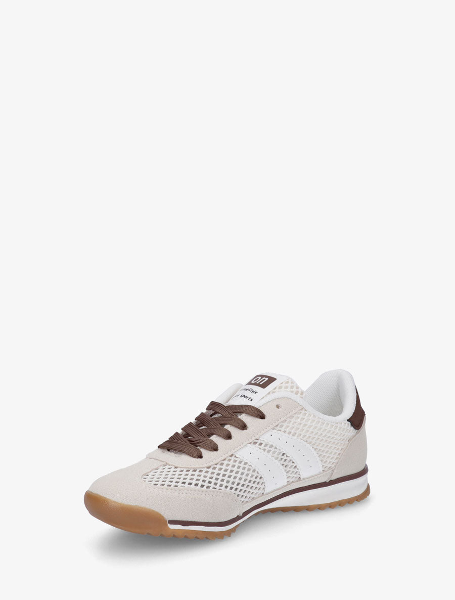 Baskets en suédine et tissu ajouré - Beige - 3