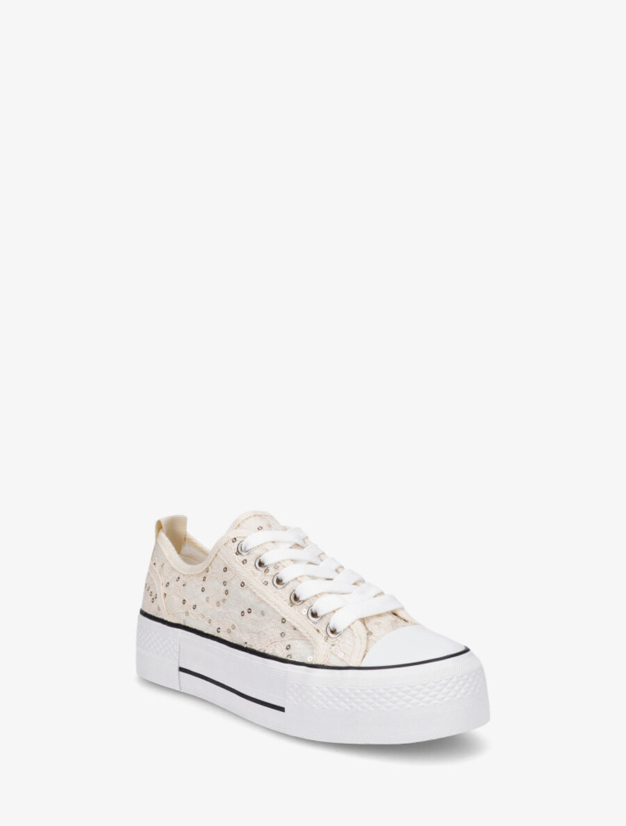 Sneakers à plateforme et sequins - Beige - 2