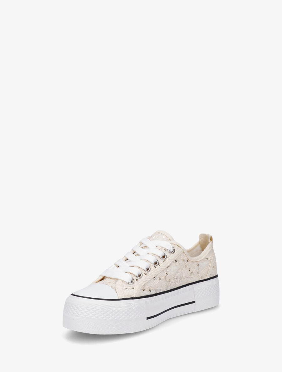 Sneakers à plateforme et sequins - Beige - 3