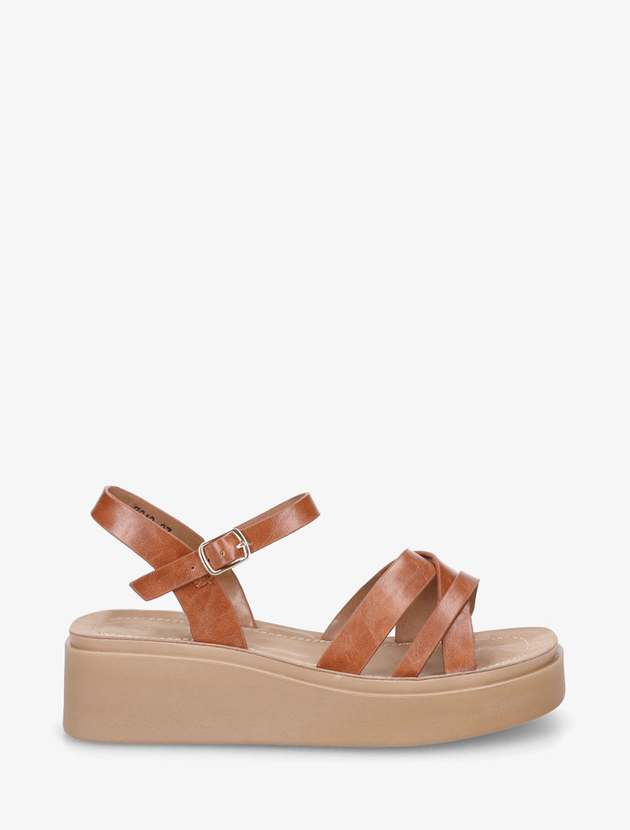 Sandales compensées à tour de cheville à boucle - Camel - 1