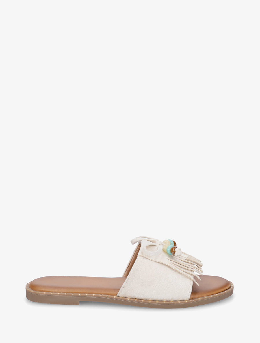 Mules plates à franges et perles en suédine - Beige - 1