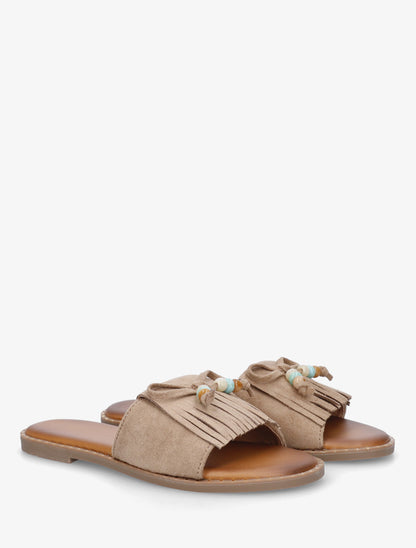 Mules plates à franges et perles en suédine - Taupe - 4