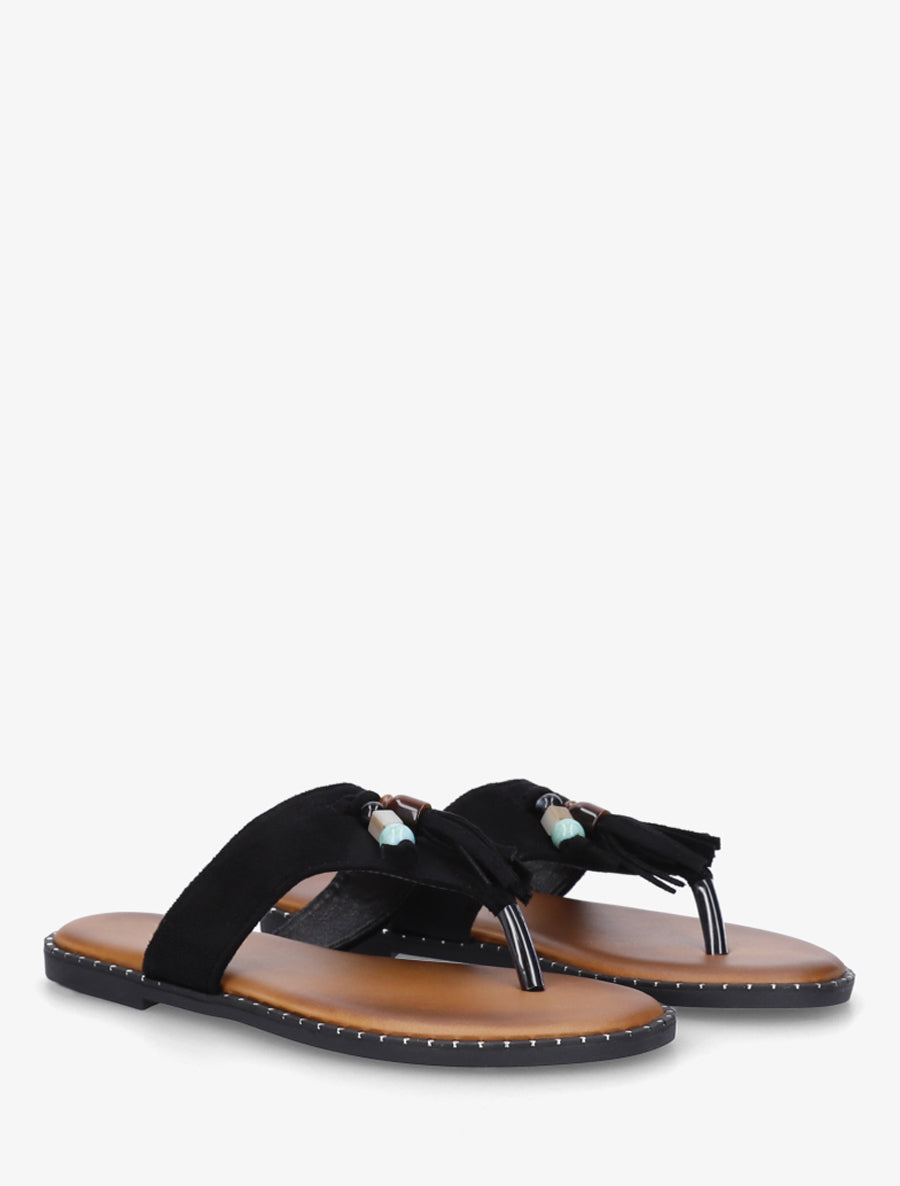 Tongs en suédine à perles et pampilles - Noir - 4