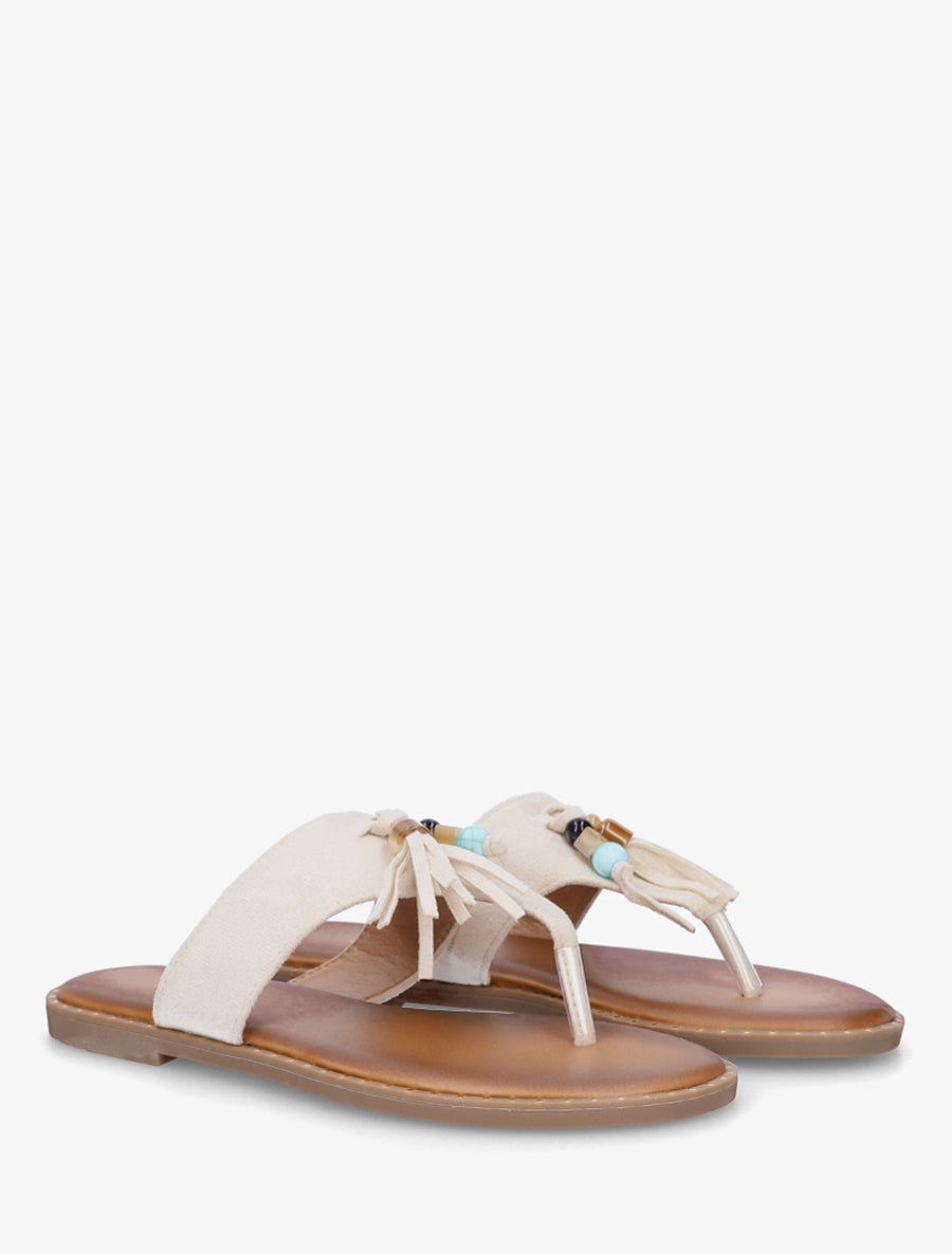 Tongs en suédine à perles et pampilles - Beige - 4