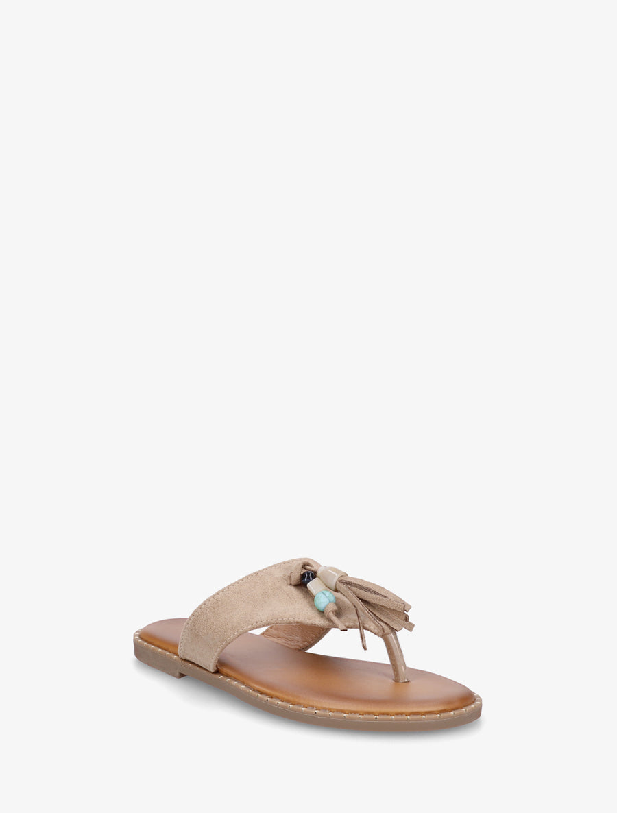 Tongs en suédine à perles et pampilles - Taupe - 2