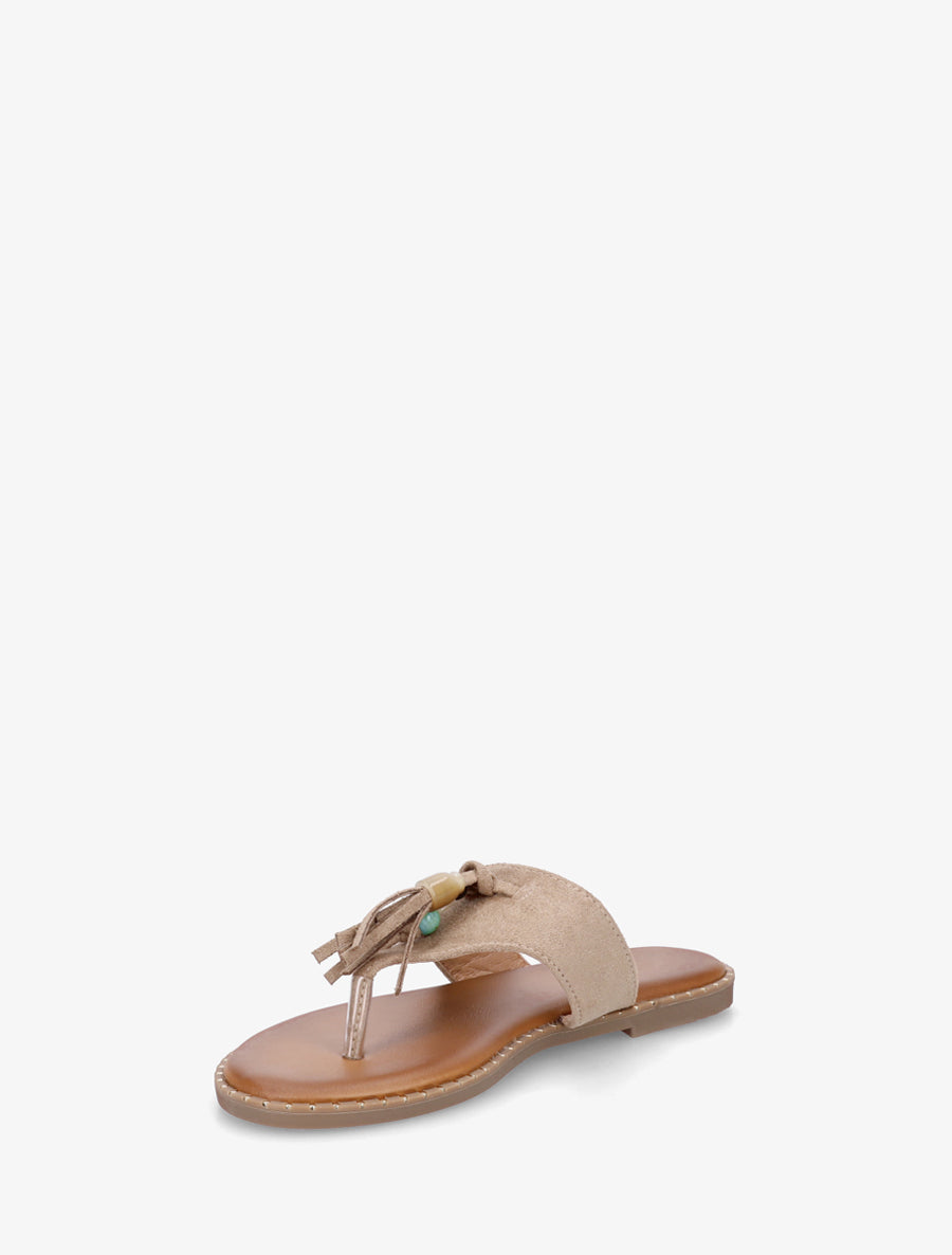 Tongs en suédine à perles et pampilles - Taupe - 3