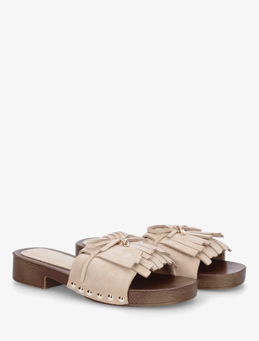 Claquettes en suédine à franges - Beige - 4