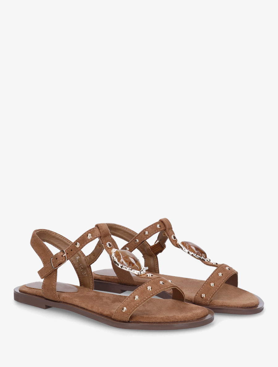 Sandales en suédine à empiècement bijou - Marron - 4