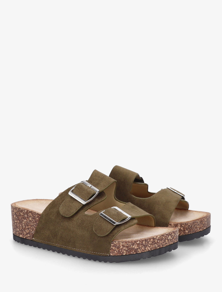 Claquettes en suédine à semelle effet liège - Kaki - 4
