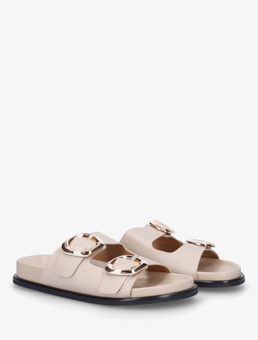 Mules plates en simili à double boucles - Beige - 4