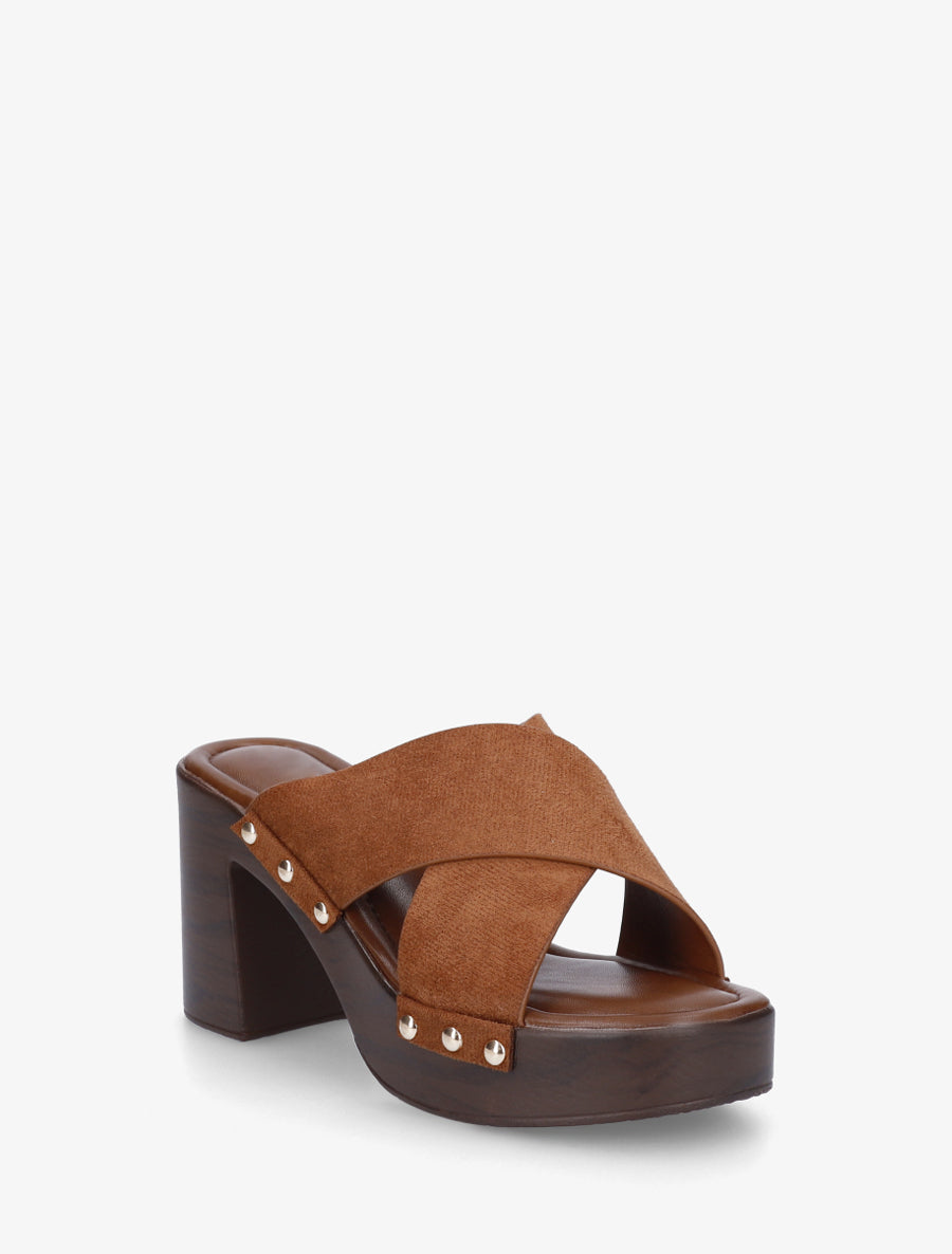 Mules à talon effet bois et ganse en suédine - Camel - 2