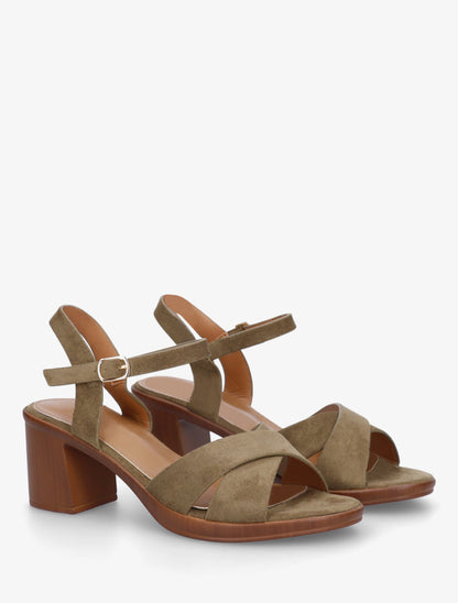 Sandales croisées en suédine à talon carré - Kaki - 4