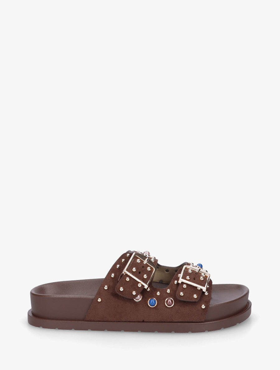 Claquettes en suédine à perles et clous - Marron - 1