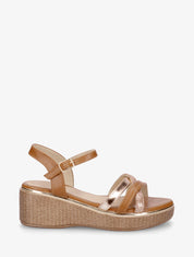 Sandales compensées à brides croisées fantaisies - Camel - 1