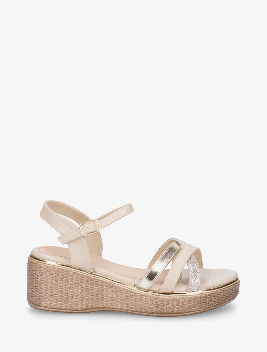 Sandales compensées à brides croisées fantaisies - Beige - 1