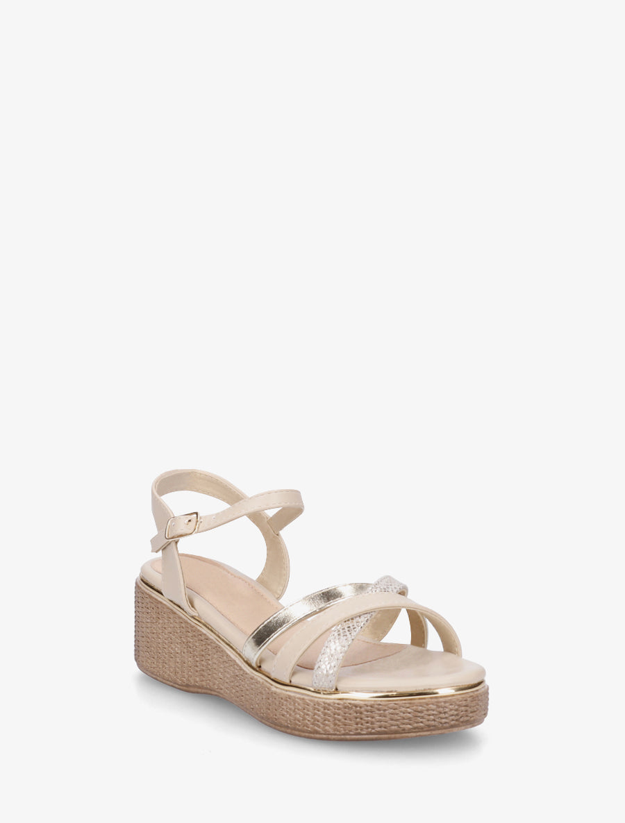 Sandales compensées à brides croisées fantaisies - Beige - 2