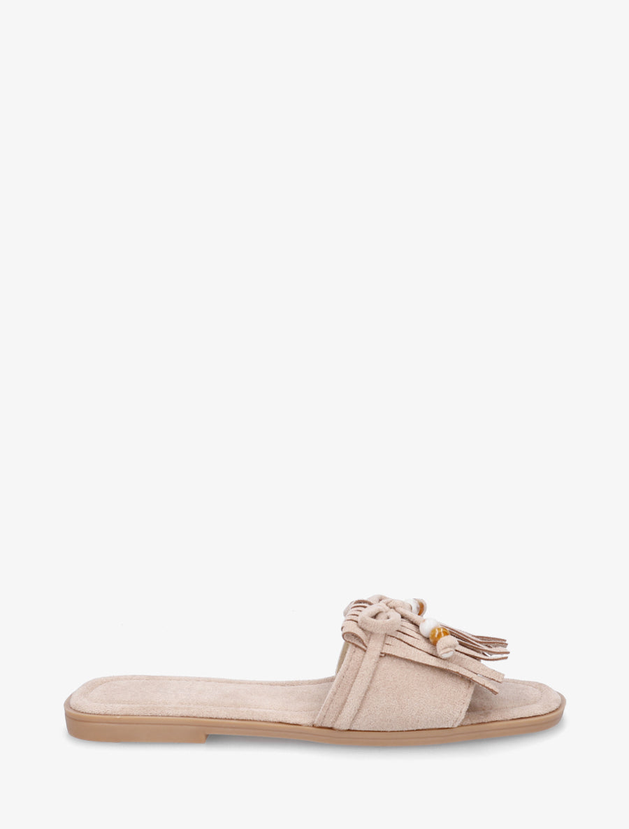 Mules en suédine à frange et noeud - Taupe - 1