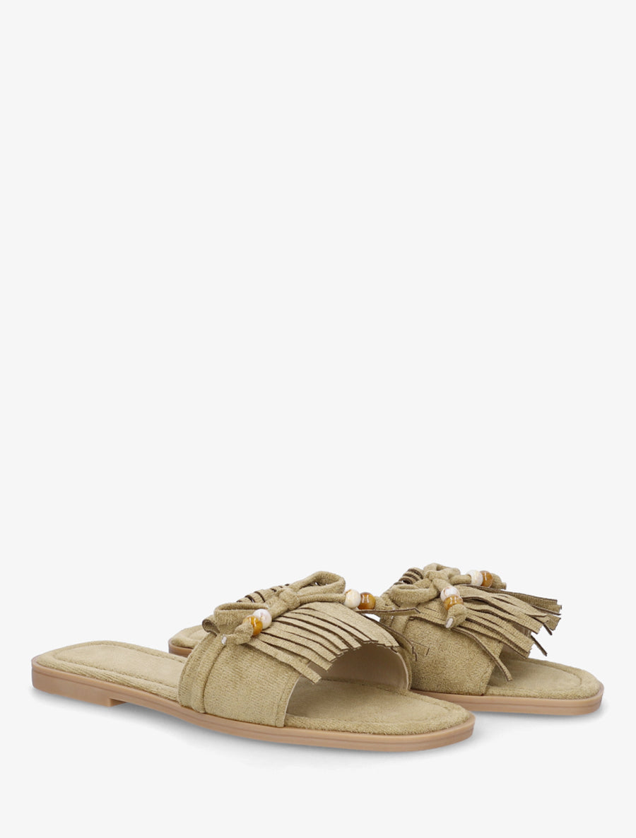 Mules en suédine à frange et noeud - Kaki clair - 4