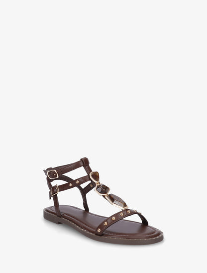 Nu-pieds en simili à empiècement pierres - Marron - 2