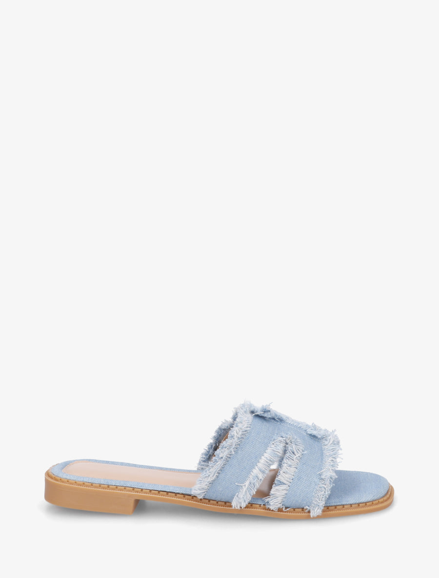 Claquettes en tissu effet effiloché - Bleu denim - 1