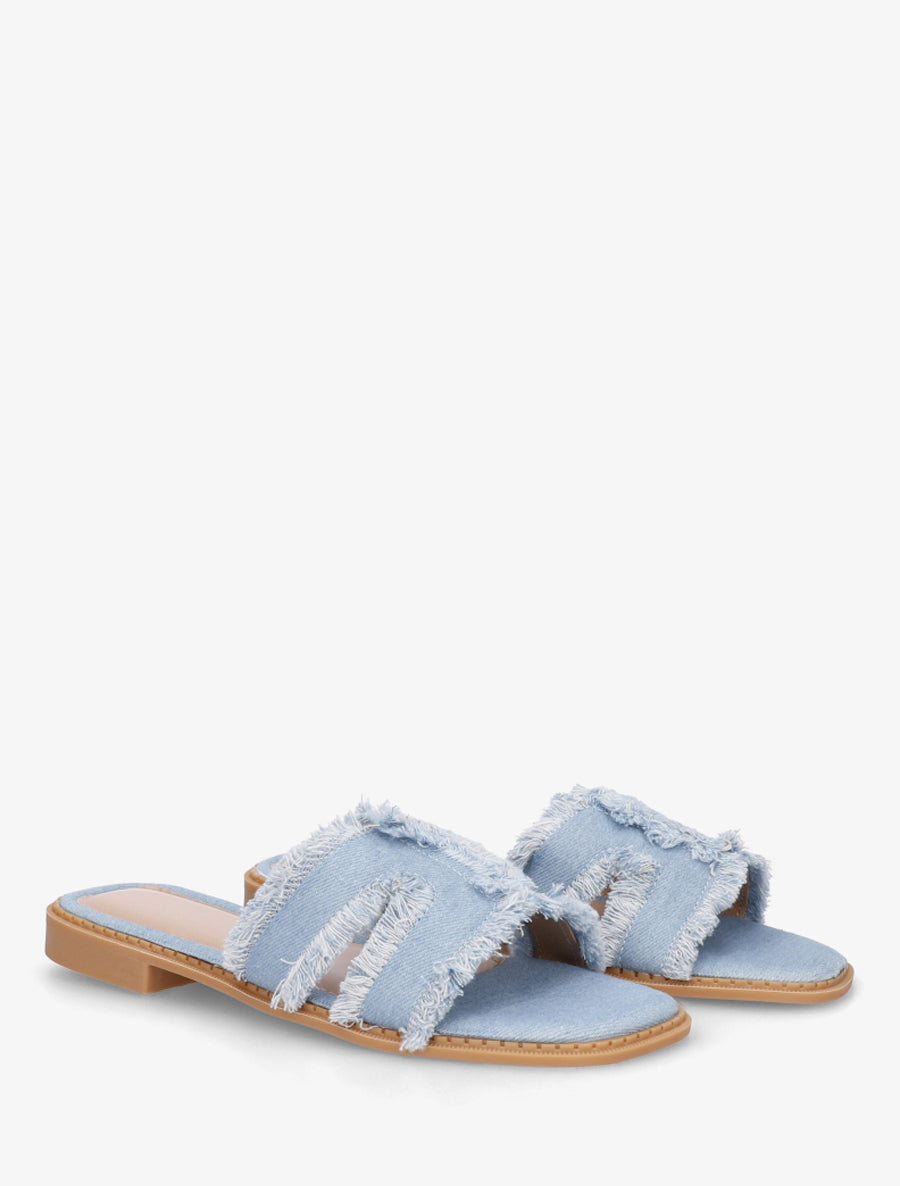 Claquettes en tissu effet effiloché - Bleu denim - 4