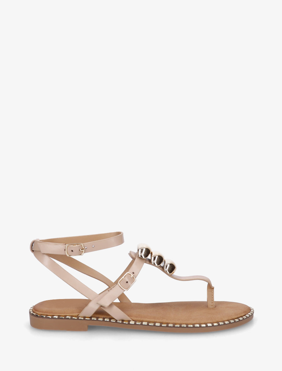 Nu-pieds à entredoigt et bijoux métalliques - Taupe - 1