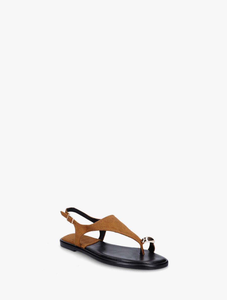 Nu-pieds en suédine à entredoigt et bague métallique - Camel - 2