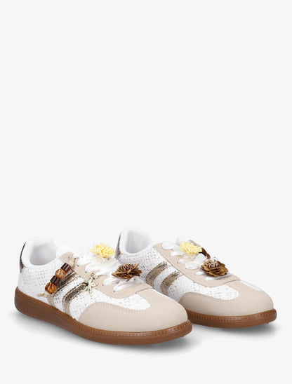 Sneakers à empiècement fleurs et bandes contrastantes - Blanc - 4