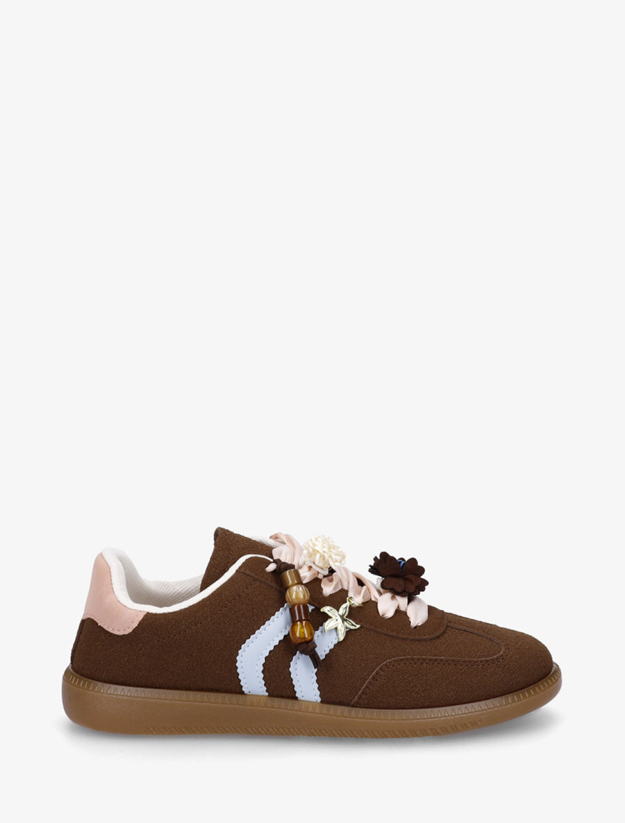 Sneakers à empiècement fleurs et bandes contrastantes - Marron - 1