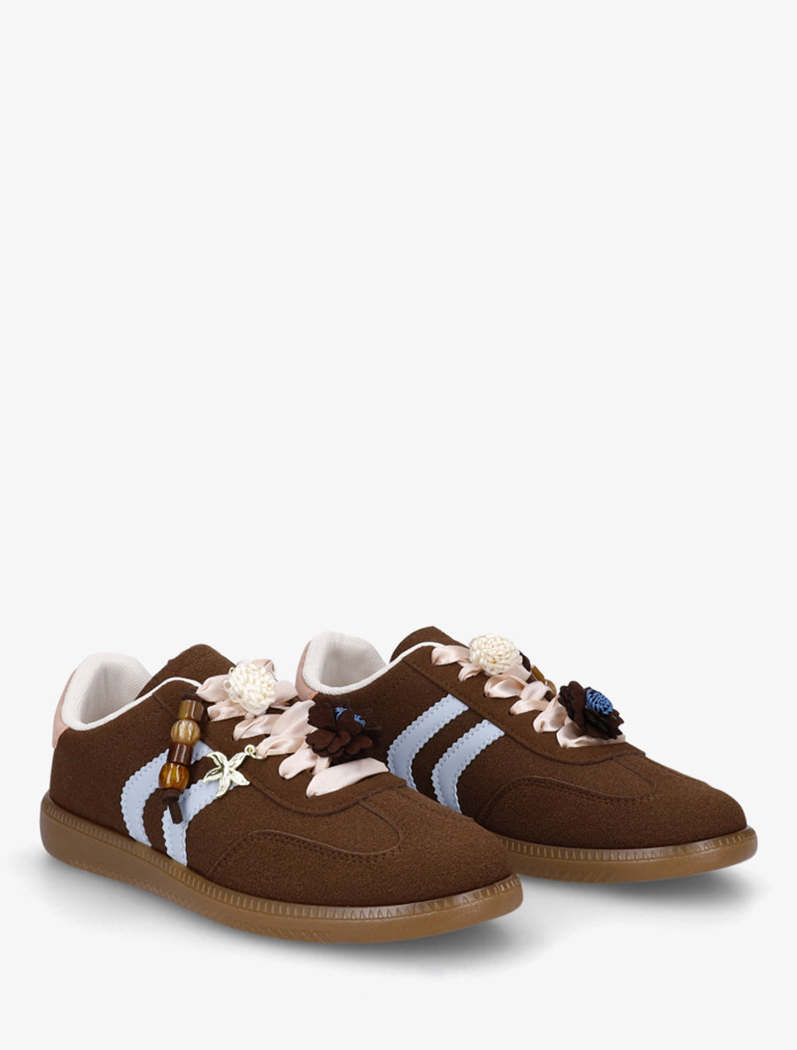 Sneakers à empiècement fleurs et bandes contrastantes - Marron - 4