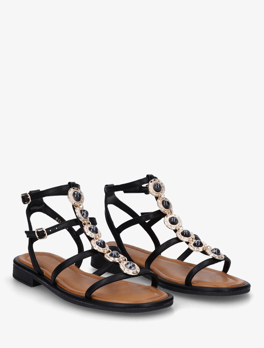Nu-pieds style spartiates en simili à bijoux - Noir - 4