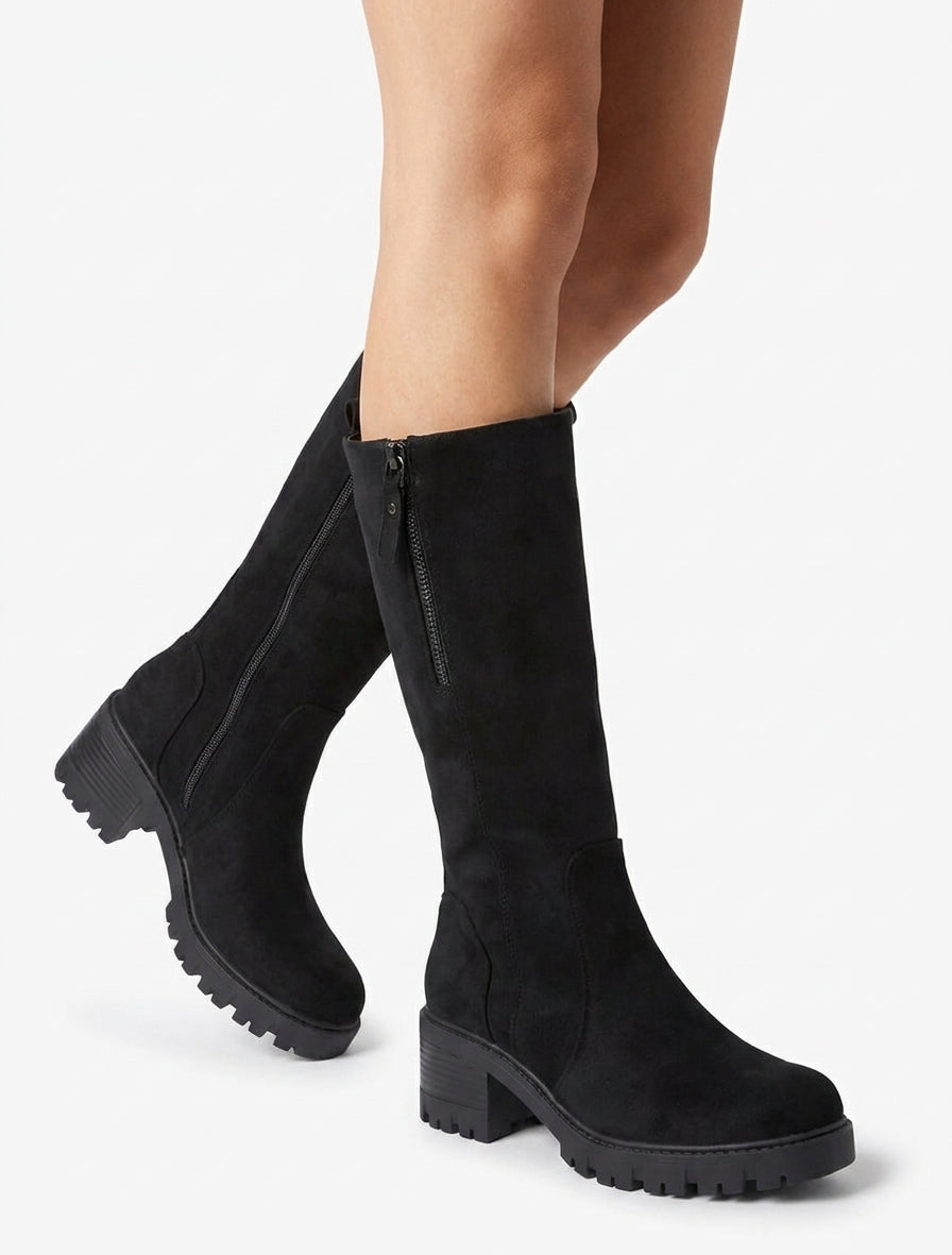 Botines lisas de gamuza con cremallera decorativa - Negro