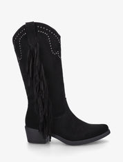 Bottines montantes en suédine à franges et clous - Noir - 1