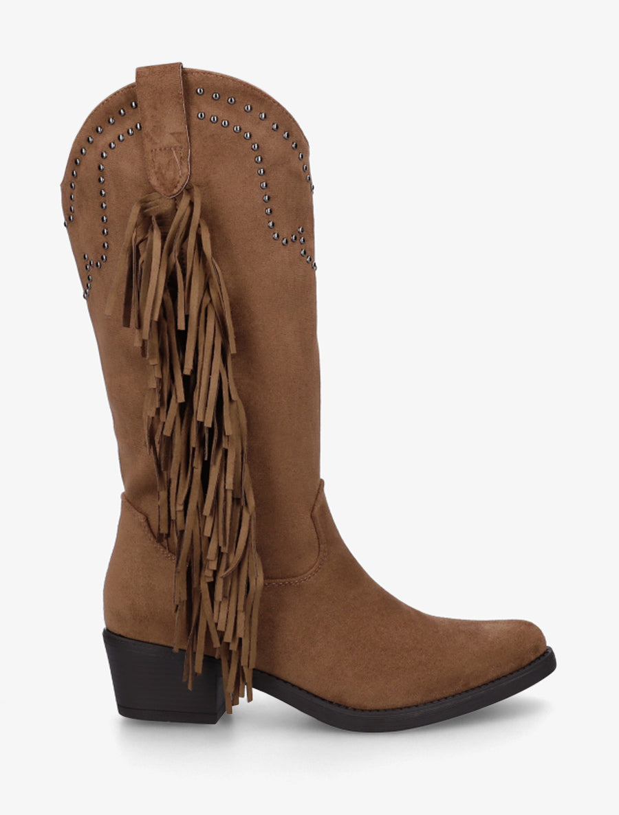 Bottines montantes en suédine à franges et clous - Camel - 1