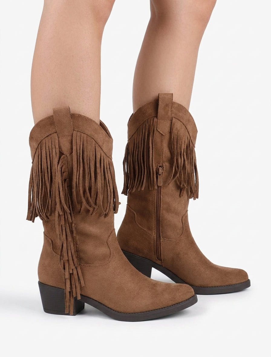 Botines estilo vaquero con flecos - Camello