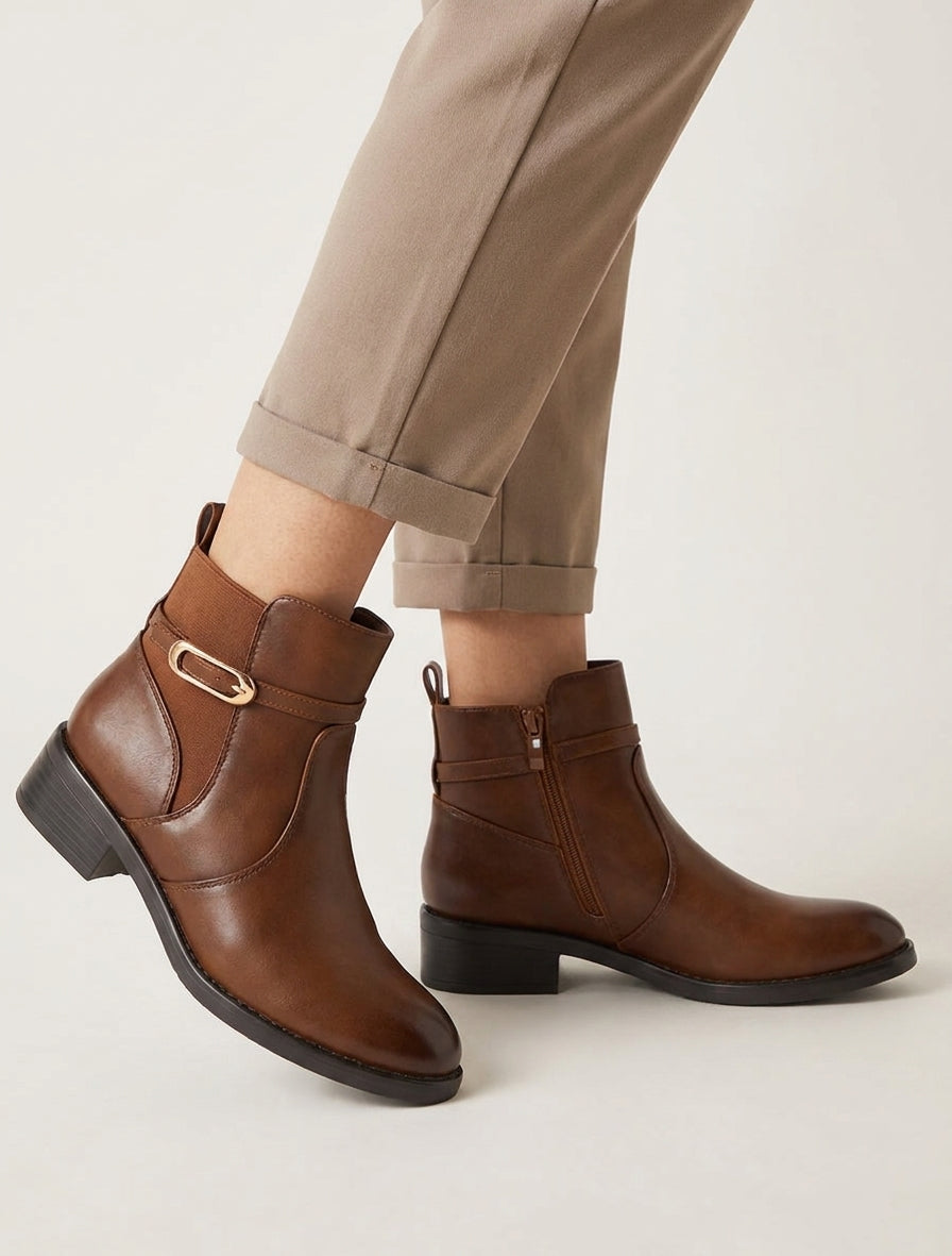 Botines elásticas de imitación con hebilla - Camello