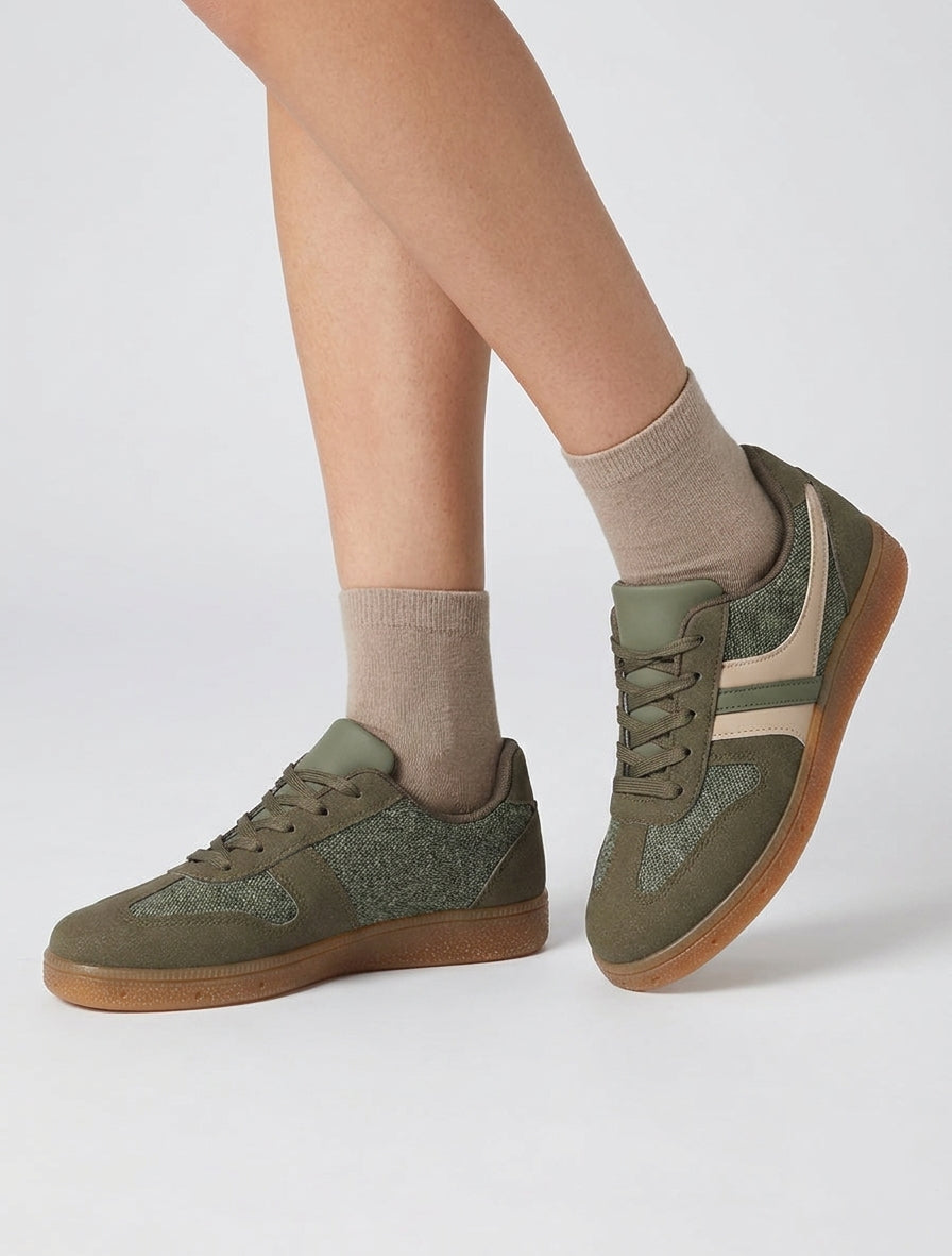Zapatillas con panel de tela efecto tweed. - Caqui