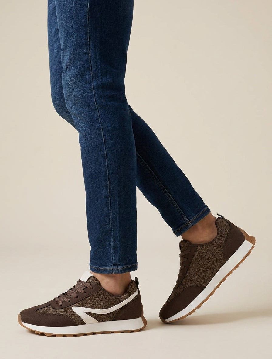 Zapatillas con piezas de tela y efecto nobuk. - Marrón
