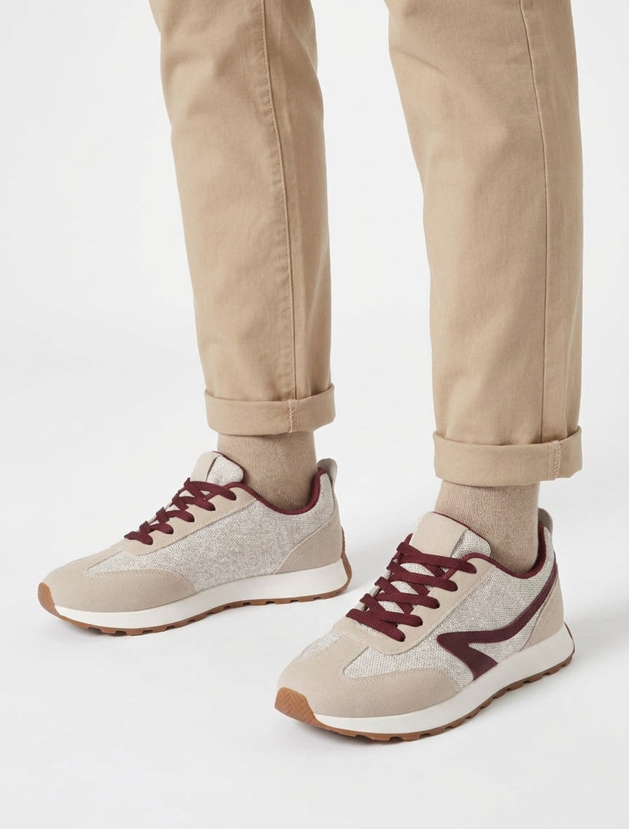 Zapatillas con piezas de tela y efecto nobuk. - Beis