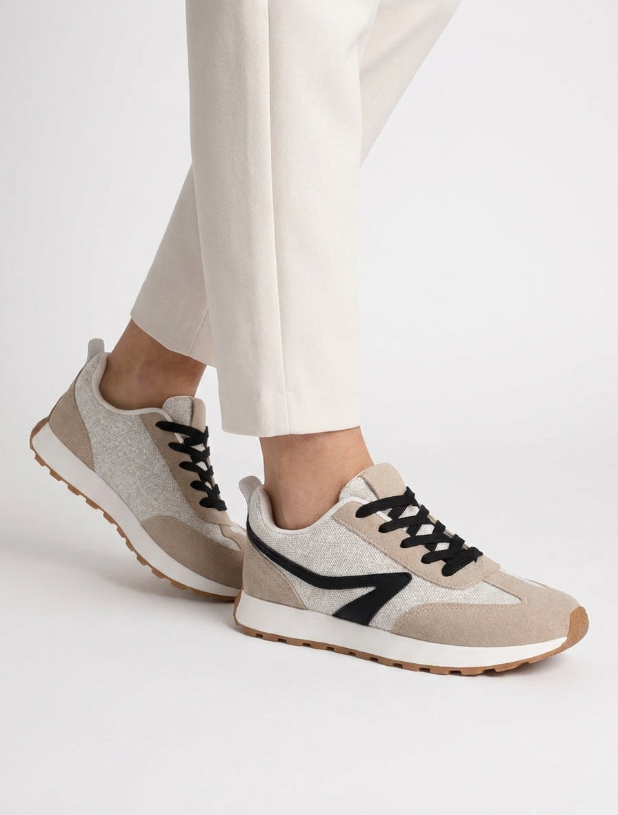 Zapatillas con piezas de tela y efecto nobuk. - Topo
