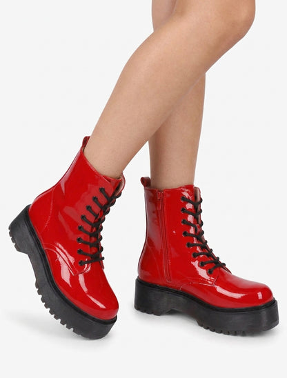Botines altas de charol con cordones - Rojo