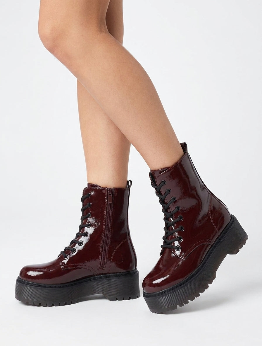 Botines altas de charol con cordones - Burdeos