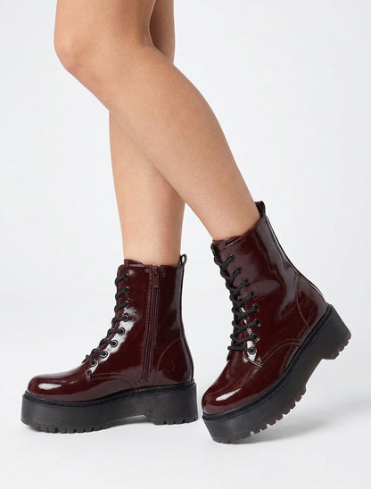 Botines altas de charol con cordones - Burdeos
