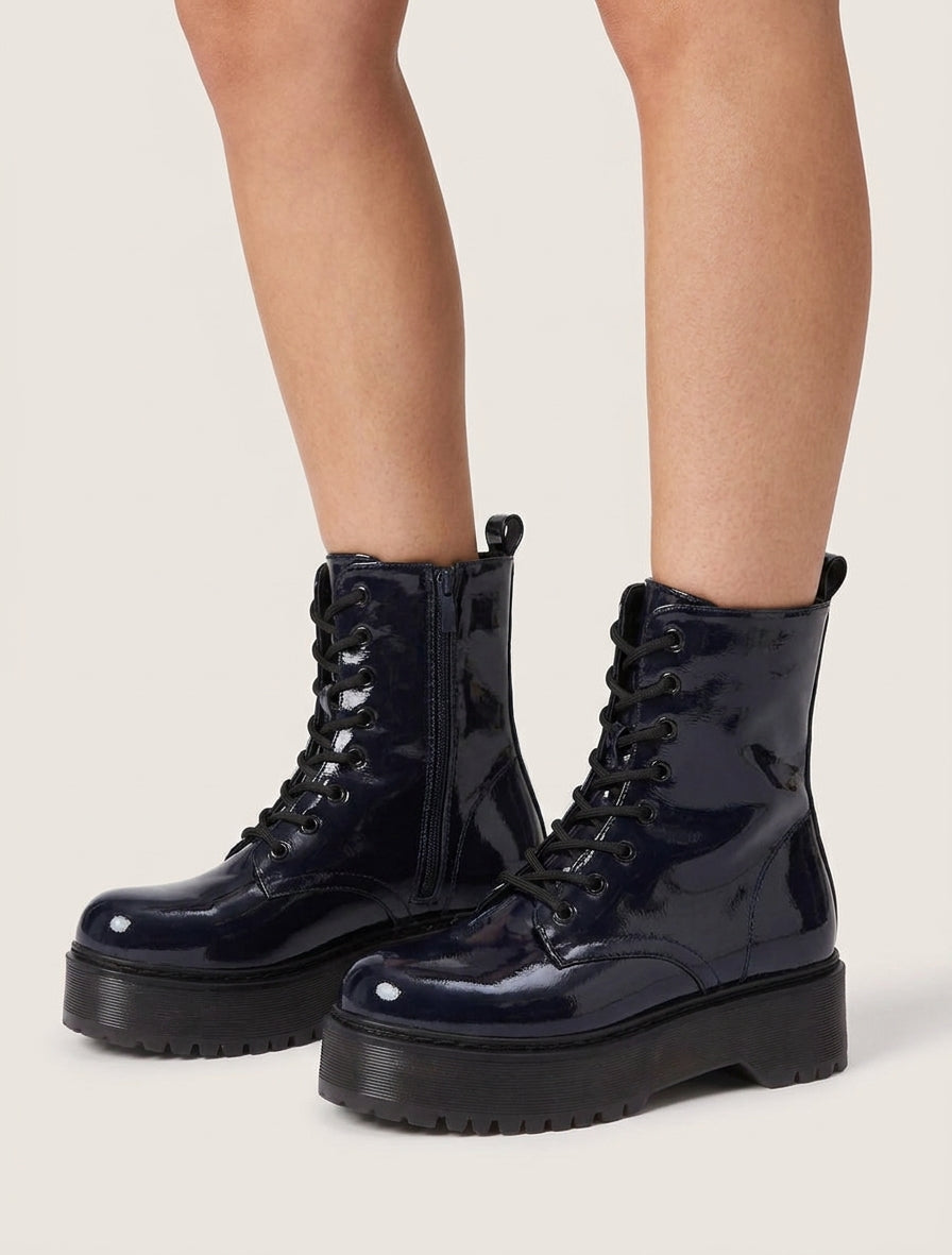 Botines altas de charol con cordones - Azul noche